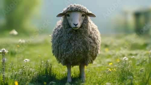 Sheep standing on green grass in a sunny pasture surrounded by trees and dist...