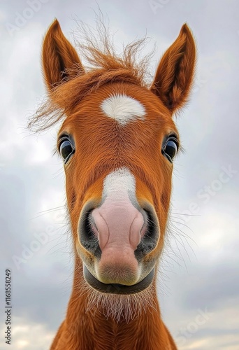 Captivating portrait of a young horse with a fluffy mane against a blue sky
