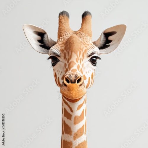 Giraffe portrait showcasing its unique features against a plain background