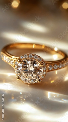 Elegant gold ring with a diamond centerpiece on a soft background in a luxury...