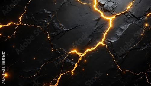 Glowing Golden Cracks Dark Stone Abstract Background photo