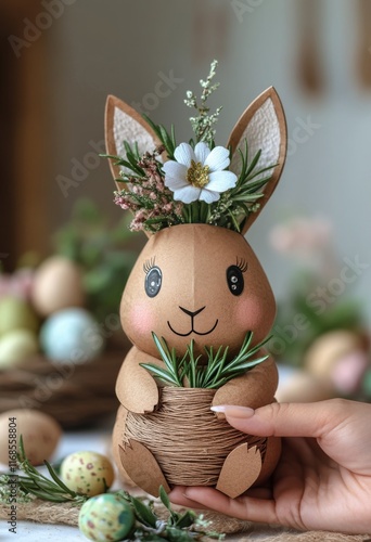 Cute handcrafted bunny holding flowers with a festive background for spring c...