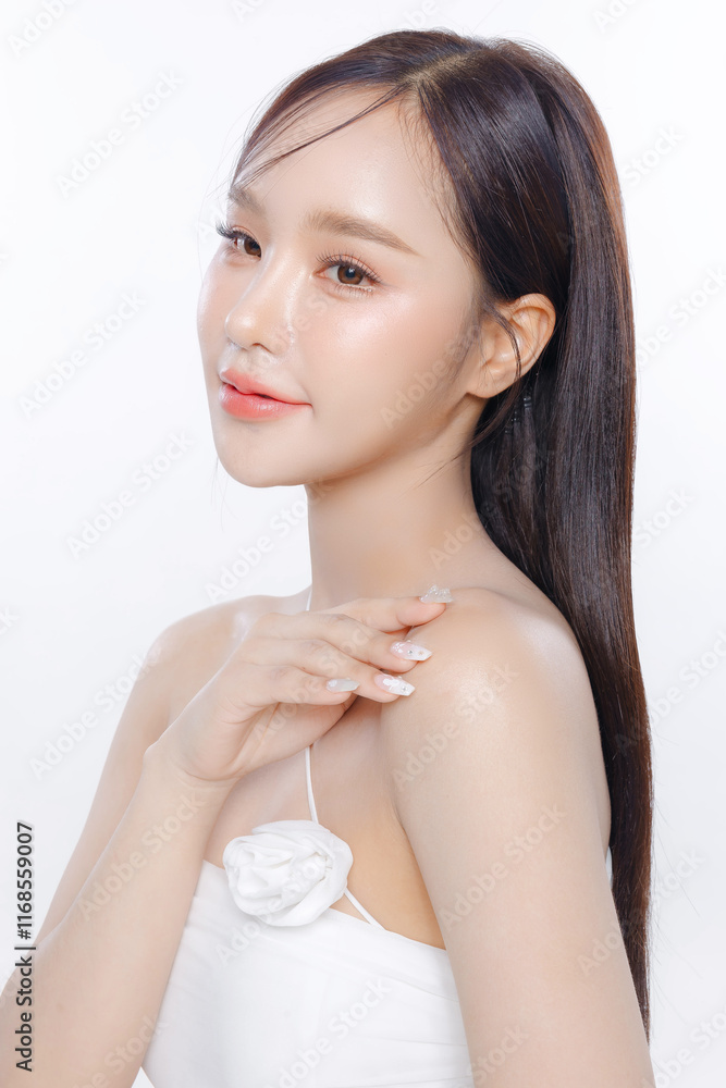 Young Asian woman long hair with clean fresh skin Korean makeup on white background, Female model Face care, Facial treatment, Cosmetology, beauty and spa, Asian women portrait. Young Asian woman long hair with clean fresh skin Korean makeup on white background, Female model Face care, Facial treatment, Cosmetology, beauty and spa, Asian women portrait.