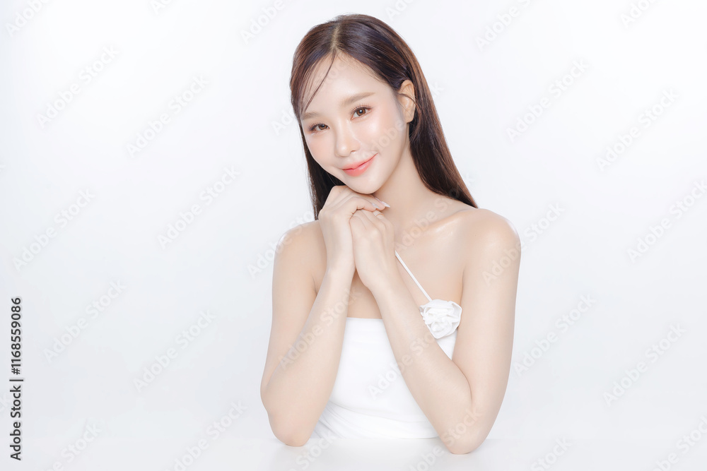 Young Asian woman long hair with clean fresh skin Korean makeup on white background, Female model Face care, Facial treatment, Cosmetology, beauty and spa, Asian women portrait. Young Asian woman long hair with clean fresh skin Korean makeup on white background, Female model Face care, Facial treatment, Cosmetology, beauty and spa, Asian women portrait.
