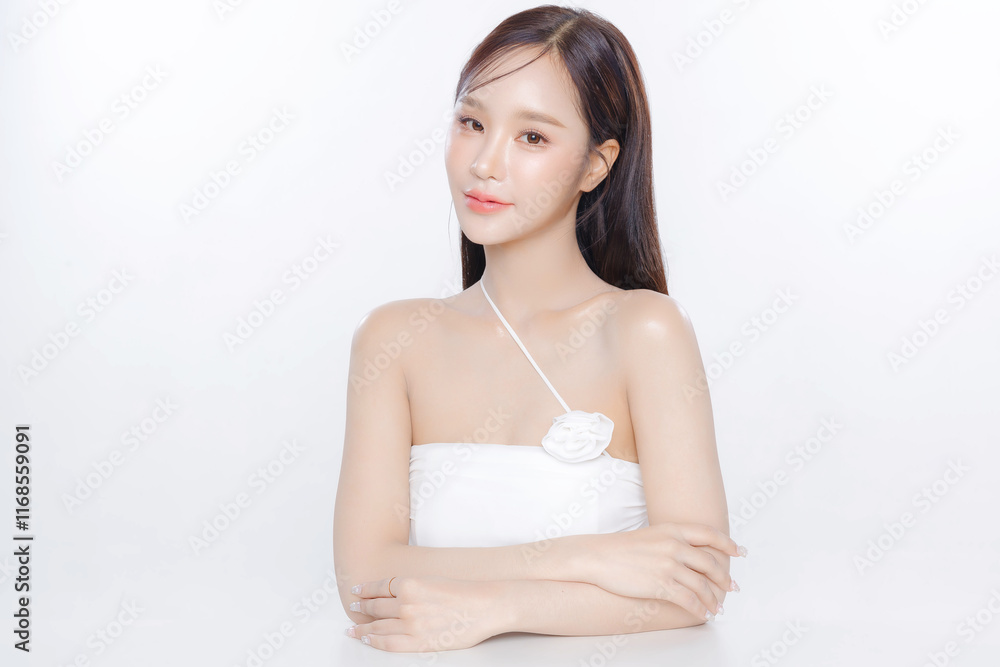 Young Asian woman long hair with clean fresh skin Korean makeup on white background, Female model Face care, Facial treatment, Cosmetology, beauty and spa, Asian women portrait. Young Asian woman long hair with clean fresh skin Korean makeup on white background, Female model Face care, Facial treatment, Cosmetology, beauty and spa, Asian women portrait.