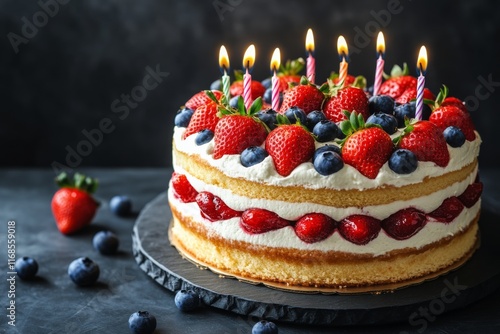 Beautiful layered cake decorated with fresh fruits and candles for a festive ...