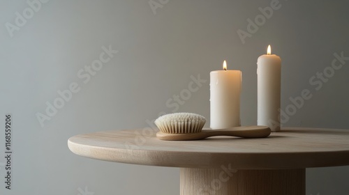 Soft candlelight and natural decor on a wooden table create a serene atmosphere