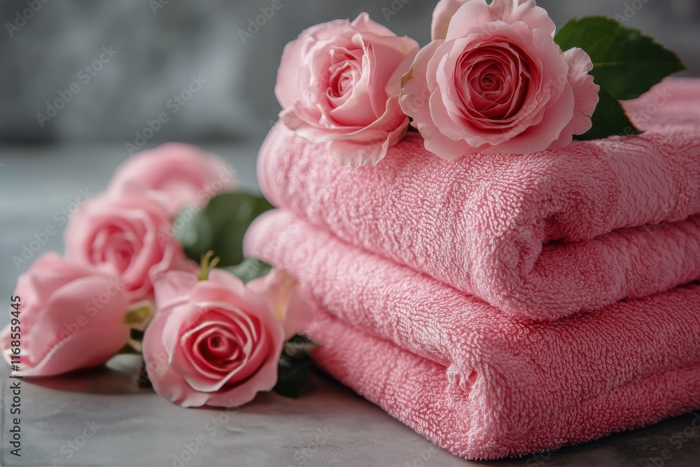 Soft pink towels and fresh roses create a serene spa-like atmosphere for relaxation and self-care Soft pink towels and fresh roses create a serene spa-like atmosphere for relaxation and self-care