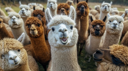 Group of curious alpacas gathered together in a sunny pasture during the afte...