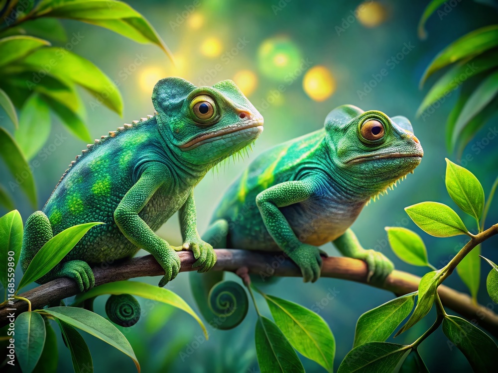 Fototapeta premium Double Exposure: Vibrant Green Chameleons on Lush Branch