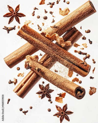 Cinnamon Sticks, Star Anise, and Flaky Brown Spices Falling Through

 photo