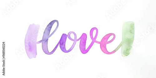 Colorful watercolor love text, artistic design, vibrant hues, romantic theme, decorative element, expressive typography.