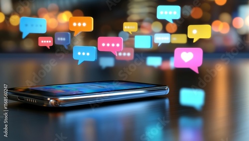 3D smartphone with social media icons and speech bubbles