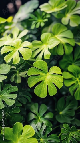 Lush green leaves with unique shapes thriving in a vibrant indoor garden setting