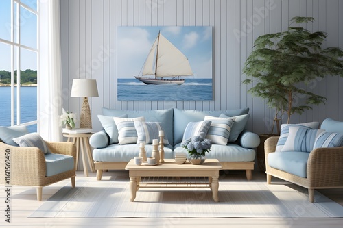 A contemporary living room in summer using nautical theme colours for decoration photo