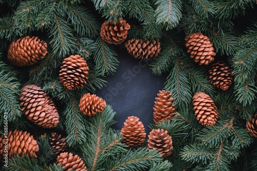 Pinecones nestled in evergreen branches create a natural wreath for holiday d...