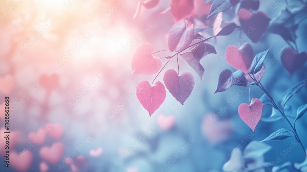 Obraz premium Soft Focus Heart-Shaped Leaves on a Gentle Blue and Pink Background