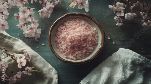 Pink salt in a bowl surrounded by blossoms and towels on a dark surface