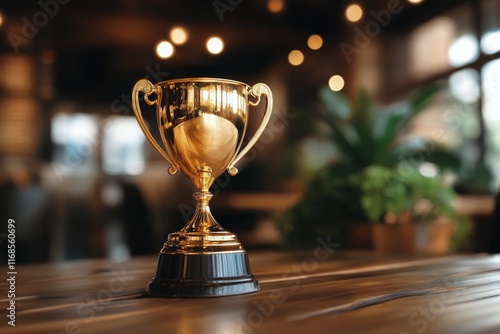 Golden trophy displayed on wooden table against rustic wall background showca...