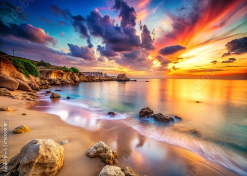 Gelsomino Beach Siracusa Sicily, Long Exposure Seascape at Sunset photo