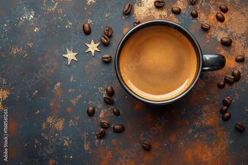 Freshly brewed coffee in a rustic cup surrounded by coffee beans on a dark su...