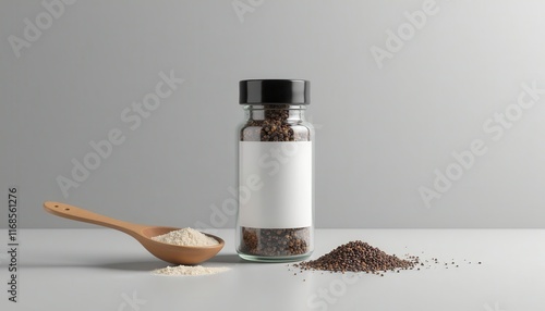 Mockup Salt Jar on white background with pepper grinder and spoon. Packaging template mockup