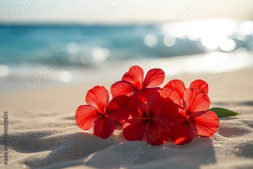Bright red flowers resting on sandy beach under a clear sky during sunset