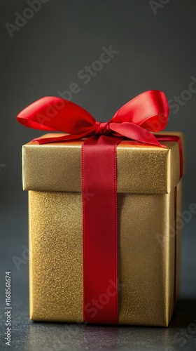 Golden gift box with red bow on a dark surface for special occasions