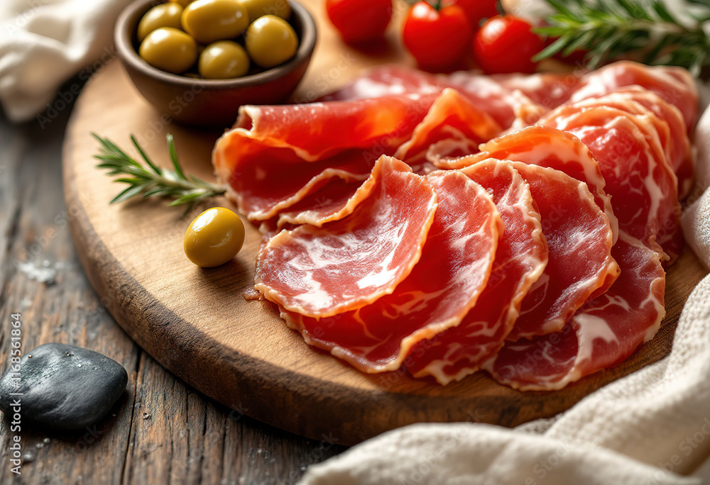 A wooden board with slices of cured meat, such as salami or prosciutto, alongside a small bowl of green olives and a sprig of rosemary A wooden board with slices of cured meat, such as salami or prosciutto, alongside a small bowl of green olives and a sprig of rosemary