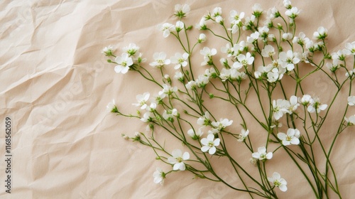 Delicate white flowers arranged on textured brown paper surface in soft natur...