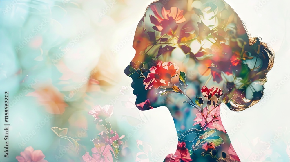Fototapeta premium Double exposure of beautiful woman and blooming flowers on floral background with bokeh. Template of a girl's face in profile with a floral texture. The concept of female beauty and health.
