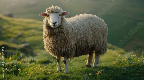 Sheep standing on green grass in a sunny pasture surrounded by trees and dist...