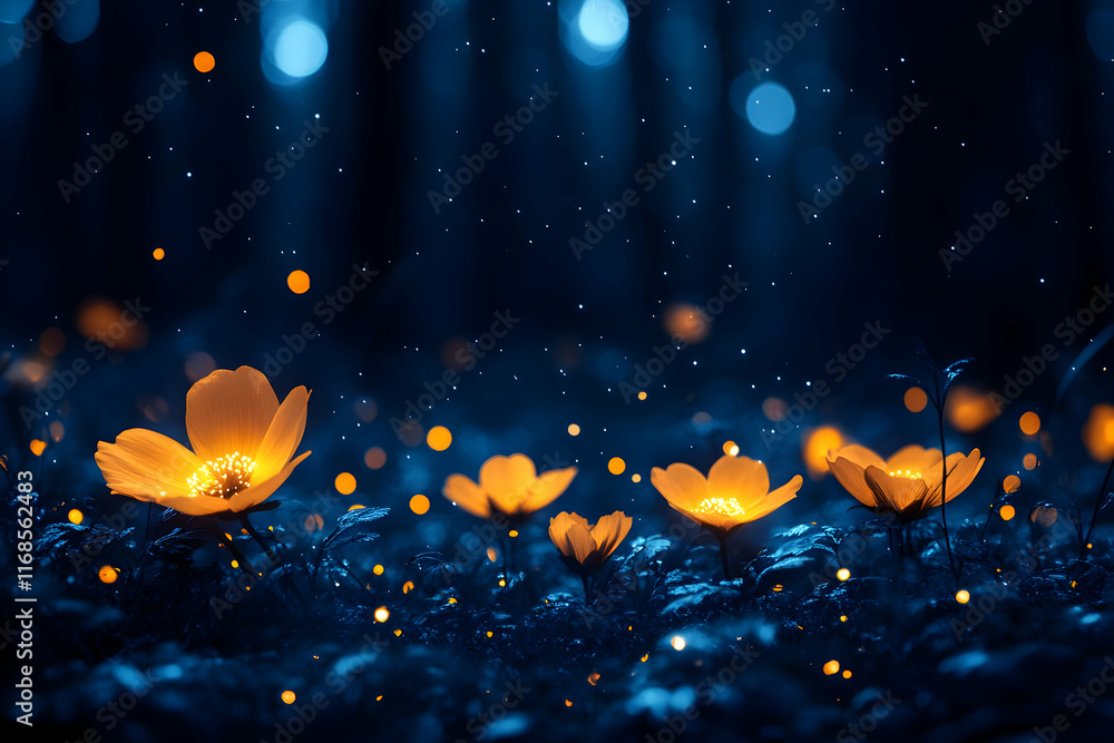 Glowing flowers in dark forest at night. Glowing flowers in dark forest at night.