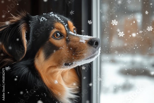 Dog gazing out at falling snowflakes on a winter day