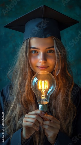 Graduation celebration with a girl holding a light bulb symbolizing bright fu...