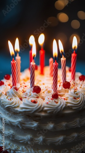 Celebrate a birthday with a beautifully decorated cake topped with lit candle...
