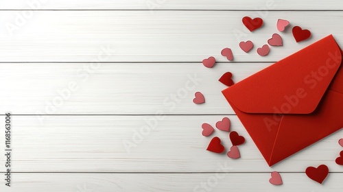 Red envelope surrounded by scattered small hearts on a light wooden background for romantic occasions