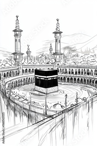 Simple Black and White Drawing of Kaaba in Mecca, Minimalistic Ink Sketch