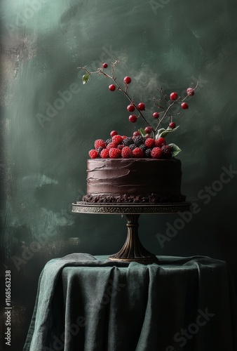 Decadent chocolate cake adorned with fresh raspberries on a dark green backgr...
