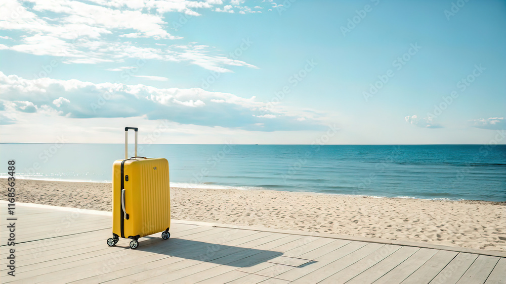 colored travel suitcase on wheels against a beach and a serene sea, tourism and vacation concept at sea, travel colored travel suitcase on wheels against a beach and a serene sea, tourism and vacation concept at sea, travel