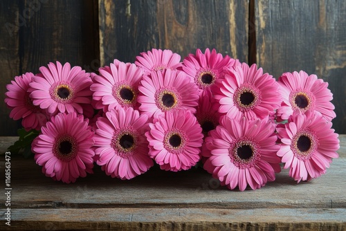 Vibrant pink flowers arranged beautifully on rustic wooden surface