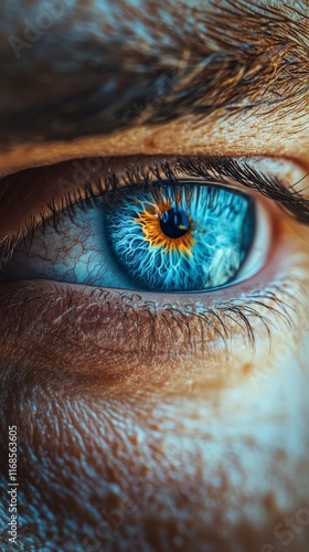 Close-up of a captivating blue eye with freckles and dark hair, showcasing vi...