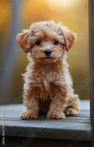 Cute small dog sitting on wooden deck surrounded by trees during golden hour ...