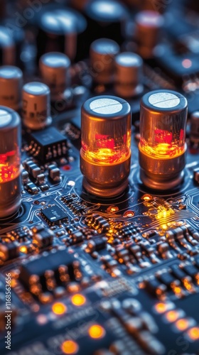 Close-up view of a glowing circuit board with intricate connections and illum...