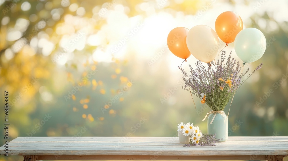 Charming garden party celebrating with pastel balloons outdoor setting floral decor warm afternoon light whimsical atmosphere Charming garden party celebrating with pastel balloons outdoor setting floral decor warm afternoon light whimsical atmosphere