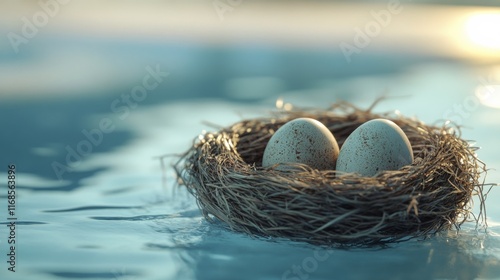 Nest with speckled eggs resting in soft straw near tranquil blue water under ...