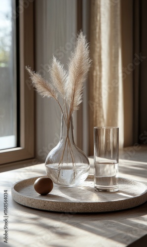 Elegant pampas grass arrangement in rustic vase against textured background