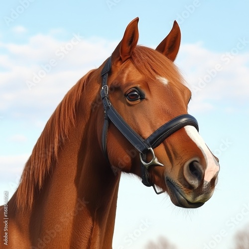 Beautiful chestnut horse standing against a clear blue sky with clouds