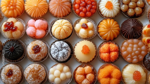 Colorful assortment of sweet Thai desserts in small cups, arranged in rows.