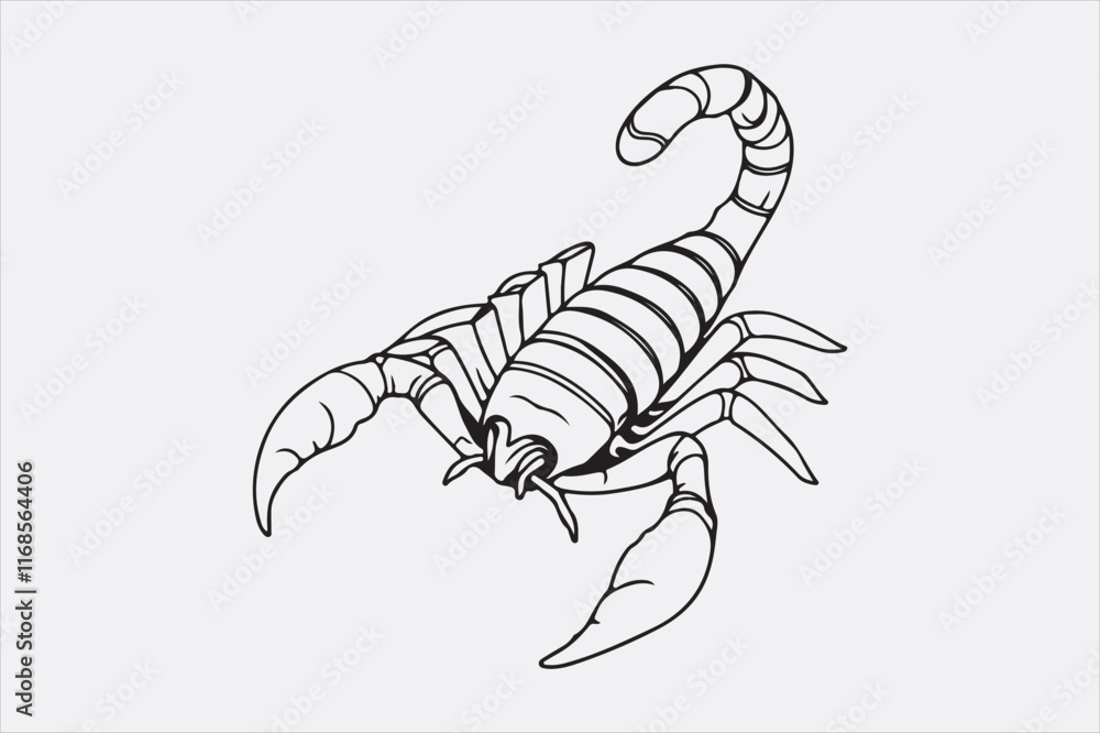 A black and white line drawing of a scorpion with a detailed depiction. A black and white line drawing of a scorpion with a detailed depiction.